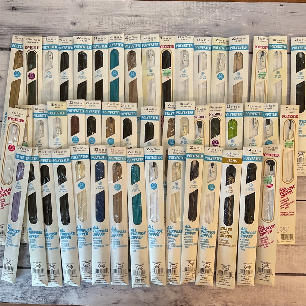 Coats & Clark Zippers Lot of 49 All Purpose Invisible Brass Jean Multi Colors